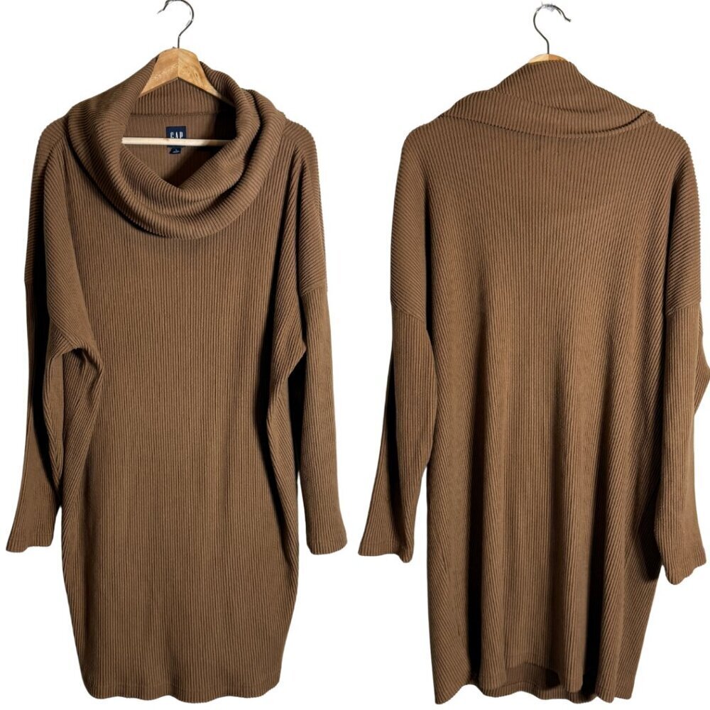 Gap Ribbed Cowl Neck Sweater Mini Dress Women's Large Brazen Brown Cozy Knit - Picture 2 of 14